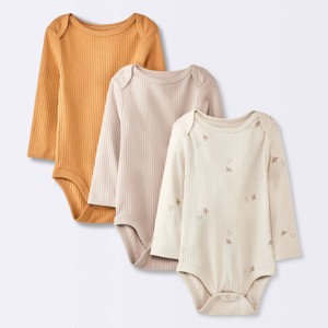 Baby 3pk Birds Long Sleeve Wide Ribbed Bodysuit - Cloud Island™ Bronze - 1 of 4