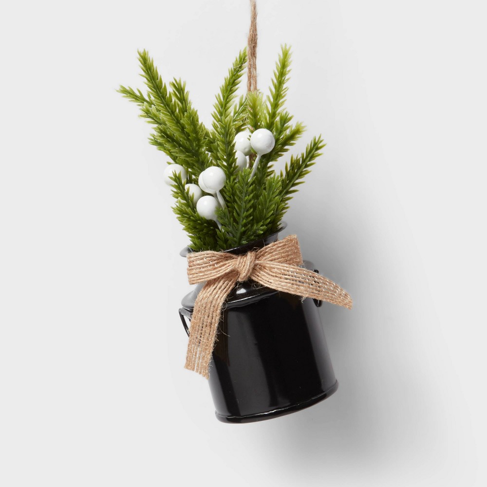 Metal Milk Can with Faux Greenery Christmas Tree Ornament Black - Wondershop