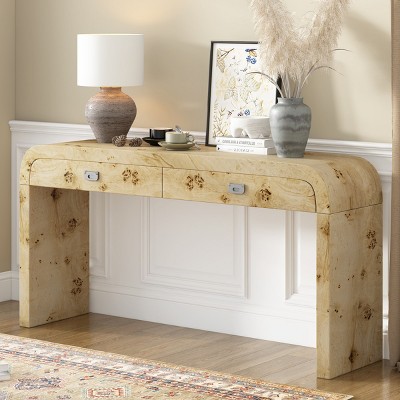 60" Burl Wood Veneer Console Table With 2 Drawers,Rectangular Minimalist Entryway Table for Living Room Hallway,Modern Sofa Table-Coolbibila