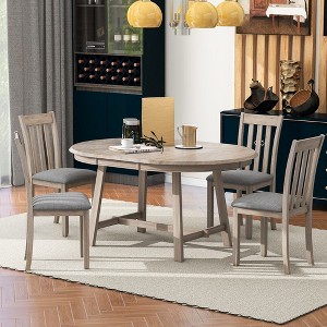 5 Piece Round Dining Table Set For 4-6 Person Extendable Dining Table With 4 Upholstered Dining Chairs For Kitchen Dining Room - 1 of 4
