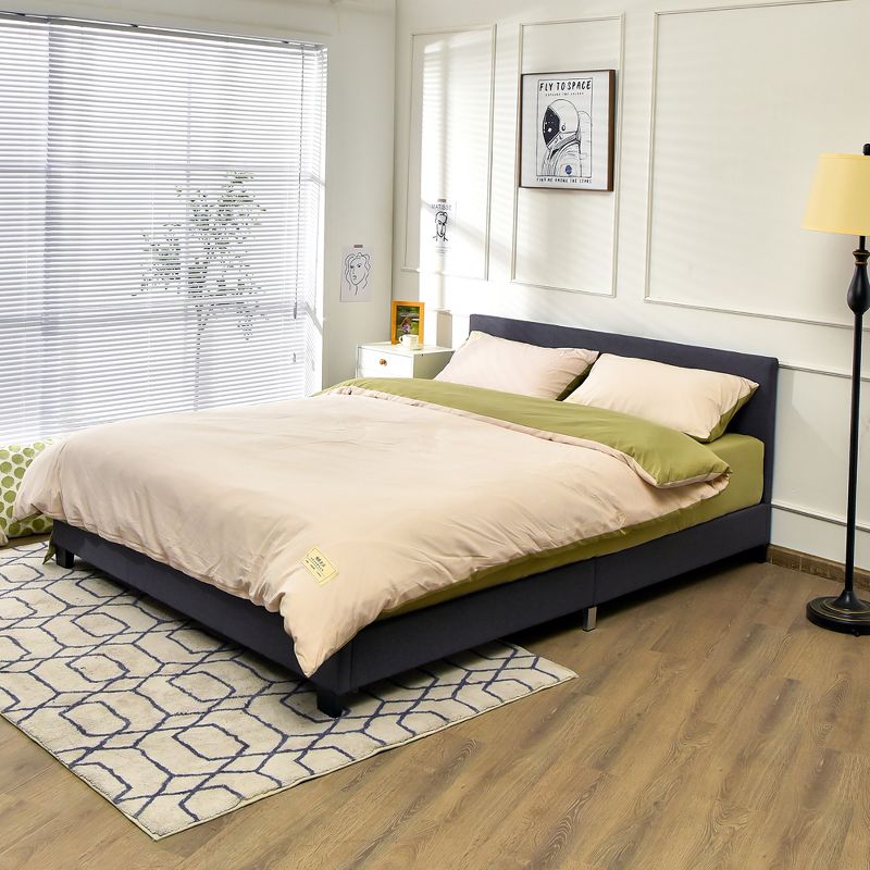 Costway Full Upholstered Platform Bed Frame with Linen/PU Headboard Wood Slat Gray/Black, 4 of 10