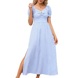 Womens High Waist Maxi Dress Sweetheart Smocked Neckline Short Puff Sleeve Plaid Casual Elegant Cute Dresses Button Down - 1 of 4
