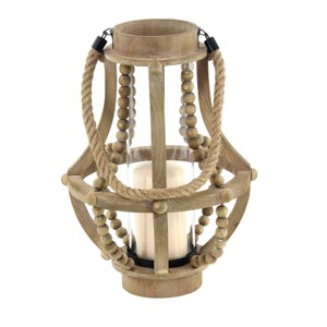Olivia & May 16" x 10" Rustic Wood/Glass Candle Holder with Rope Handle Beige : Wooden Lantern, Tall Pillar Style - 1 of 4
