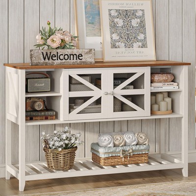 Entryway Table with 2 Doors, Farmhouse Sofa Table with Adjustable Storage Shelf, Console Table, White