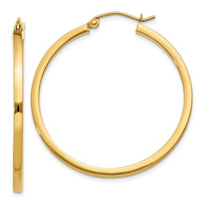 Black Bow Jewelry 2mm, 14k Yellow Gold Square Tube Round Hoop Earrings, 35mm (1 3/8 In)