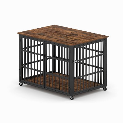 FURNIinspire Pet Crates And Houses Dog Cage Dog Crate With Iron Frame Door, Furniture Style, Side Opening, Brown, 43.3"*29.9"*33.5"