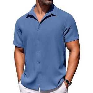COOFANDY Mens Short Sleeve Button Down Shirts Waffle Shirt Casual Beach Summer Shirts Wrinkle Free Vacation Shirts - 1 of 4
