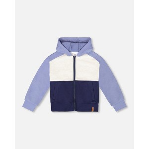 Deux par Deux Boy French Terry Color Block Full Zip Hoodie Sweatshirt Blue, Navy and Cream - 1 of 4