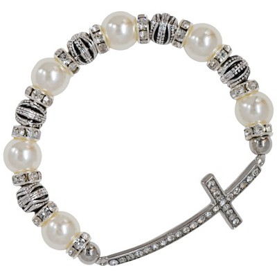 Dicksons White and Ornamental 2 Inch diameter Women's Stretch Bead Bracelet with CZ Cross