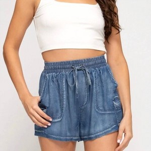 Women's Chambray Denim Shorts with Pockets - SHE + SKY - 1 of 2