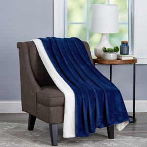 Poly Fleece - Oversized Plush Woven Polyester Faux Shearling Fleece Solid Color Throw - Breathable by Hastings Home (Midnight and White) - 1 of 4