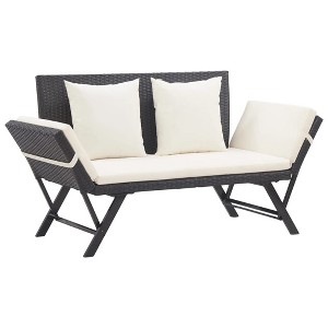 vidaXL Patio Bench with Cushions 69.3" Black Poly Rattan - 1 of 4