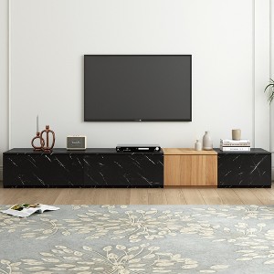 Whisen 88" TV Stand with Faux Marble and Walnut Wood Grain Finish, Modern Entertainment Center with 4 Storage Drawers - 1 of 4