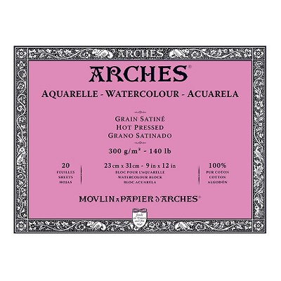 Arches Watercolor Blocks 140 lb Hot Press Block 9" x 12" (20 Sheets)
