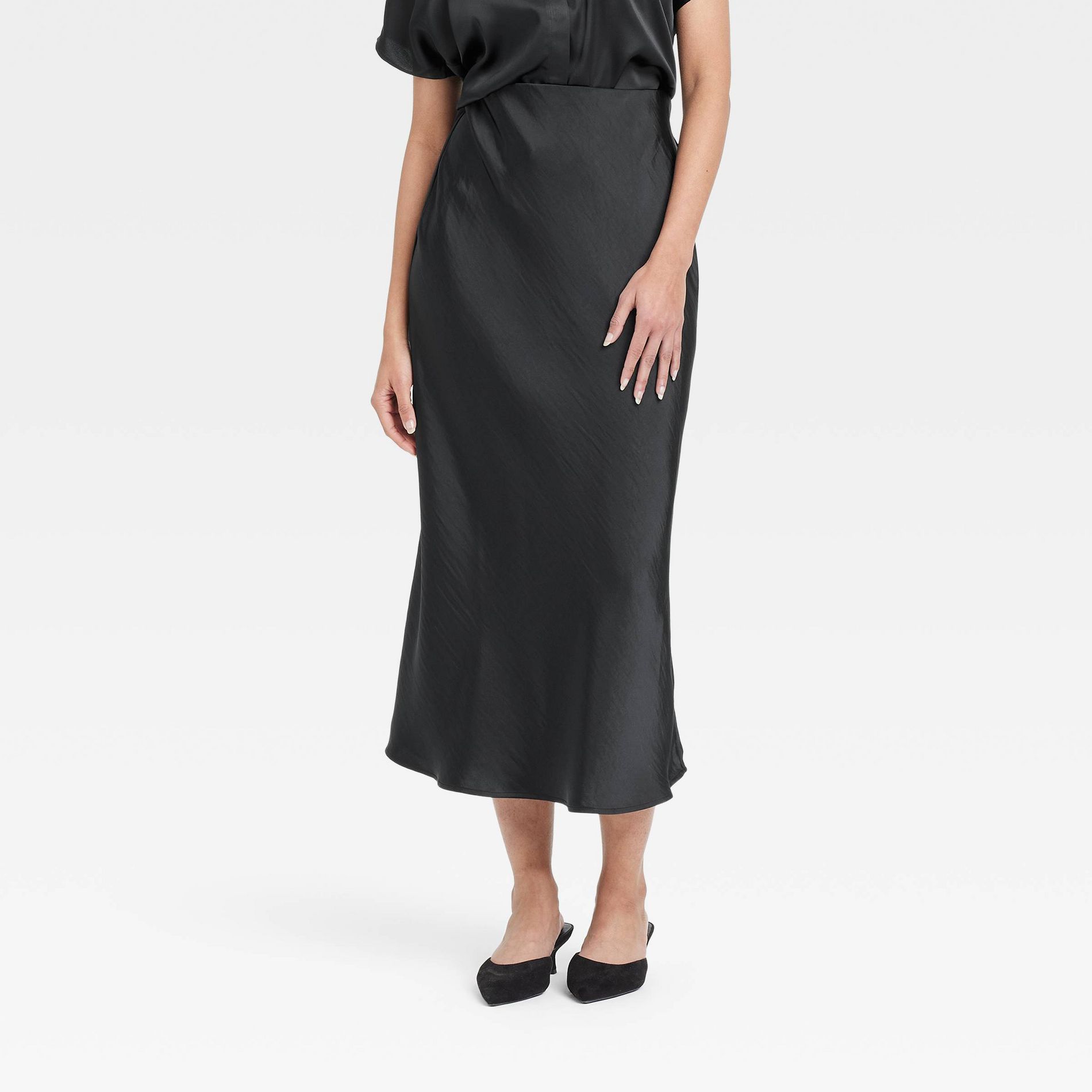Women's Midi A-Line Skirt - A New Day™ Black L: Satin, Slim Fit, Elastic Waistband, Pull-On, 36" Length