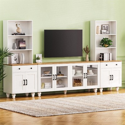 Sapphtopaz Farmhouse TV Stand for TVs Up to 70" with Adjustable Shelves Entertainment Center with Solid Wood Legs TV Stands for Living Room