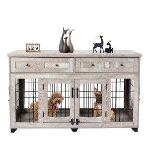 Dog Crate Furniture with 2 Drawers, 2 Rooms 58" Dog Furniture, Wooden Dog House Kennel with 5-Doors for Large/Medium/Small Dog,TV Stand - 1 of 4