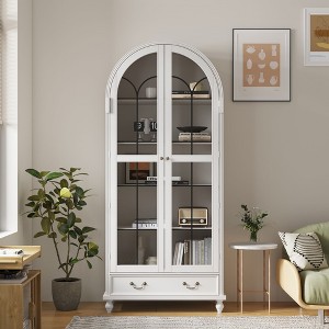 Famapy Arched Glass-Door Display Storage Cabinet Bookshelf – Magnetic Closure + Open Shelves + Drawer - 1 of 4