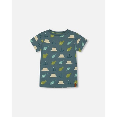 Deux par Deux Boy Printed Organic Cotton Tee Teal and Peach