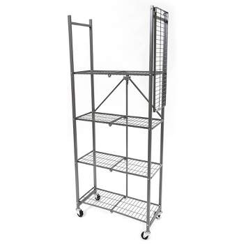 Origami RPR Series 5 Shelf Slim Steel Pantry Rack Holds up to 100 Pounds or 25 Pounds Each Tier, Shelves with Wheels and Smart Lock Function, Silver