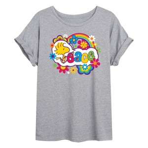 Women's - Peanuts - Peace Floral & Colorful Woodstock Oversized Graphic T-Shirt - 1 of 4