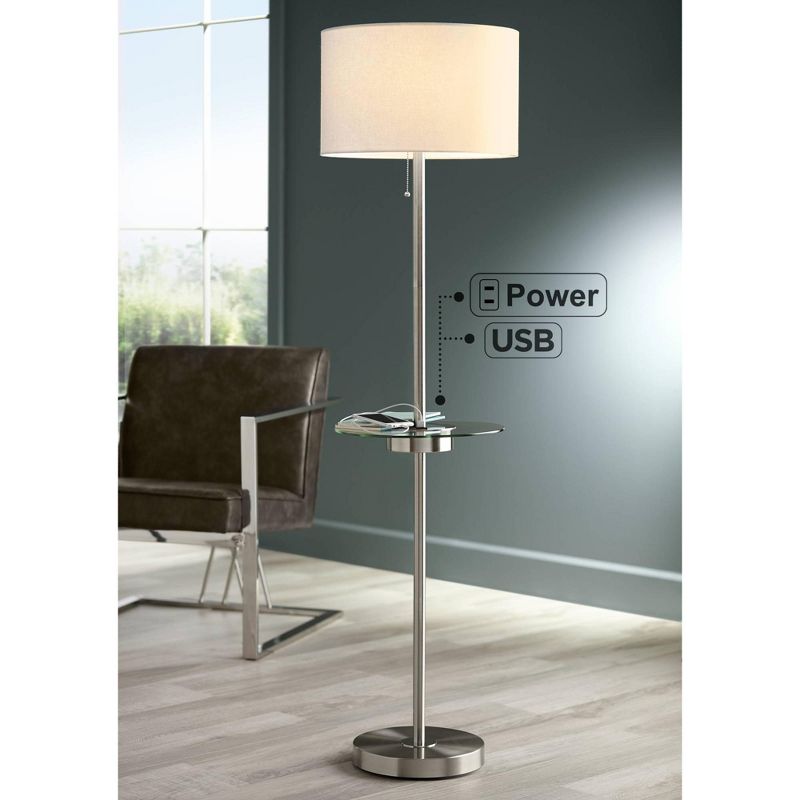 360 Lighting Caper Modern Floor Lamp with Tray Table 60 1/2" Tall Brushed Nickel USB and AC Power Outlet Off White Fabric Drum Shade for Living Room, 3 of 12