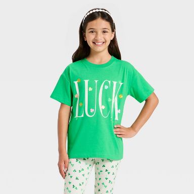 Girls' Short Sleeve Oversized St. Patrick's Day 'Luck' Graphic T-Shirt - Cat & Jack™ Green XS