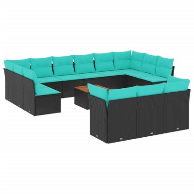 vidaXL 14 Piece Patio Sofa Set with Cushions Black and Blue Poly Rattan