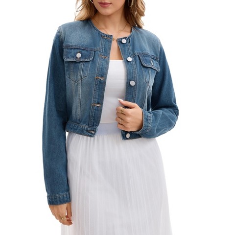 Женские куртки INSPIRE CHIC Women's Denim Collarless Button Down Chest Pocket Long Sleeve Jean Jackets Blue Medium