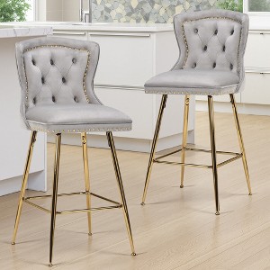 MAYEERTY Gray Velvet Bar Stools Set of 2, Button-Tufted Wing-Back,Metal Legs for Kitchen Island & Pub - 1 of 4