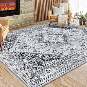 Vintage Washable Floral Area Rug: Non-Slip Distressed Oriental Carpet with Medallion – Low-Pile Accent Floor Mat for Living Room, Laundry Room - 1 of 4