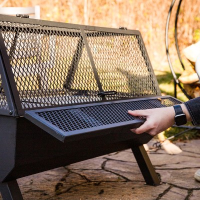 Black Steel Outdoor Fire Pit with Grill and Spark Screen