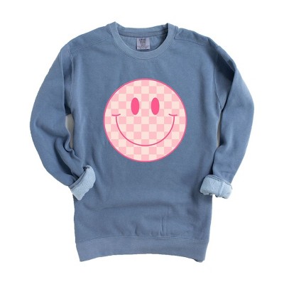 Simply Sage Market Women's  Garment Dyed Graphic Sweatshirt Pink Checker Smiley Face