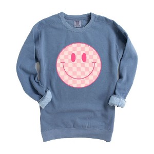 Simply Sage Market Women's  Garment Dyed Graphic Sweatshirt Pink Checker Smiley Face - 1 of 4