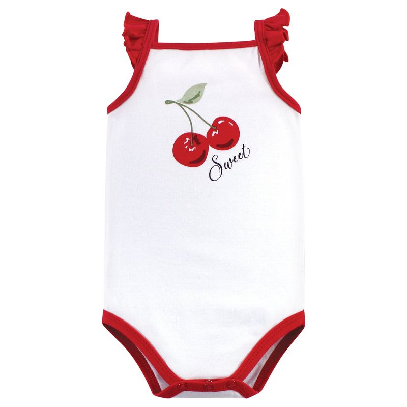 Hudson Baby Infant Girl Cotton Sleeveless Bodysuits 5pk, Cherries, 3 of 8