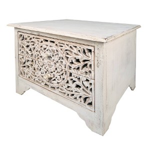 The Urban Port 24" Handcrafted Mango Wood Nightstand Side Table 2 Drawers Floral Carved Cut Out Design Antique White - 1 of 4
