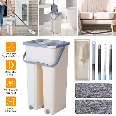 Beige Flat Mop and Self-Cleaning Bucket Set with Microfiber Pads