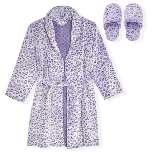 Sleep On It Girls Leopard Plush Fleece Shawl Collar Robe With Matching ...