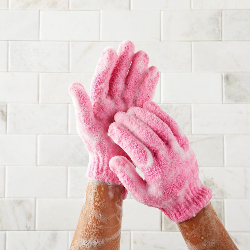Juvale 4 Pairs Body Exfoliating Gloves for Shower, Bath Scrub Wash Mitt for Women, Men, Spa, Massage (Pink, Purple, Blue, Beige), 3 of 9