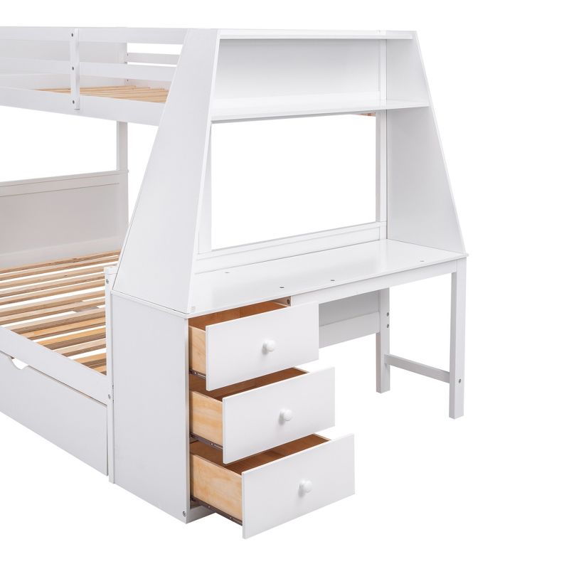 Twin over Full Bunk Bed with Trundle, Built-in Desk, Three Storage Drawers and Shelf-ModernLuxe, 5 of 10