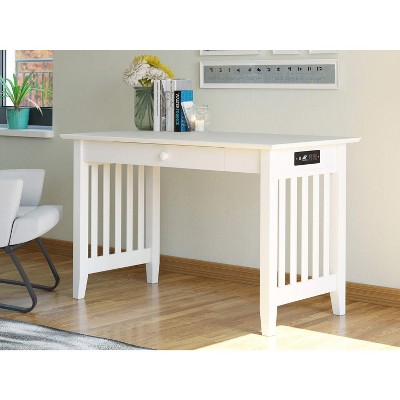 White Solid Wood Desk with Drawer, Power Outlet, and USB Port