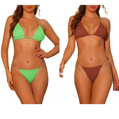 Elerevyo Women's Chain Halter Ribbed Lace Up Tie Back Triangle Bottoms Swimwear Bathing Suits 2 Sets