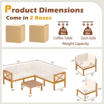 Acacia Wood Outdoor Sectional Set with Off-White Cushions