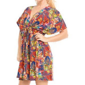 LA LEELA Women's Beachwear Summer Beach Dress Cover Ups for Swimwear Women Loose Front Tie Swimsuit Coverups for Women XL- XXL Multicolored, Floral - 1 of 4