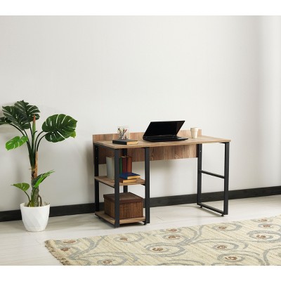 PAGED Computer Desk Metal Frame Home Office Desk with Wooden Top and 2 Shelves for Living Room