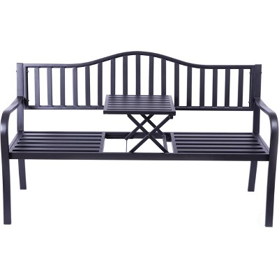 Gardenised Powder Coated Black Steel Patio Garden Park Yard Bench with Middle Table