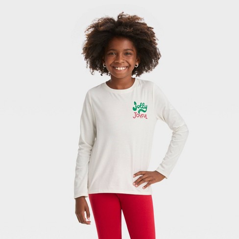 Girls' Long Sleeve 'jolly And Joyful' Graphic T-shirt - Cat & Jack™ Off- white Xxl Plus : Target