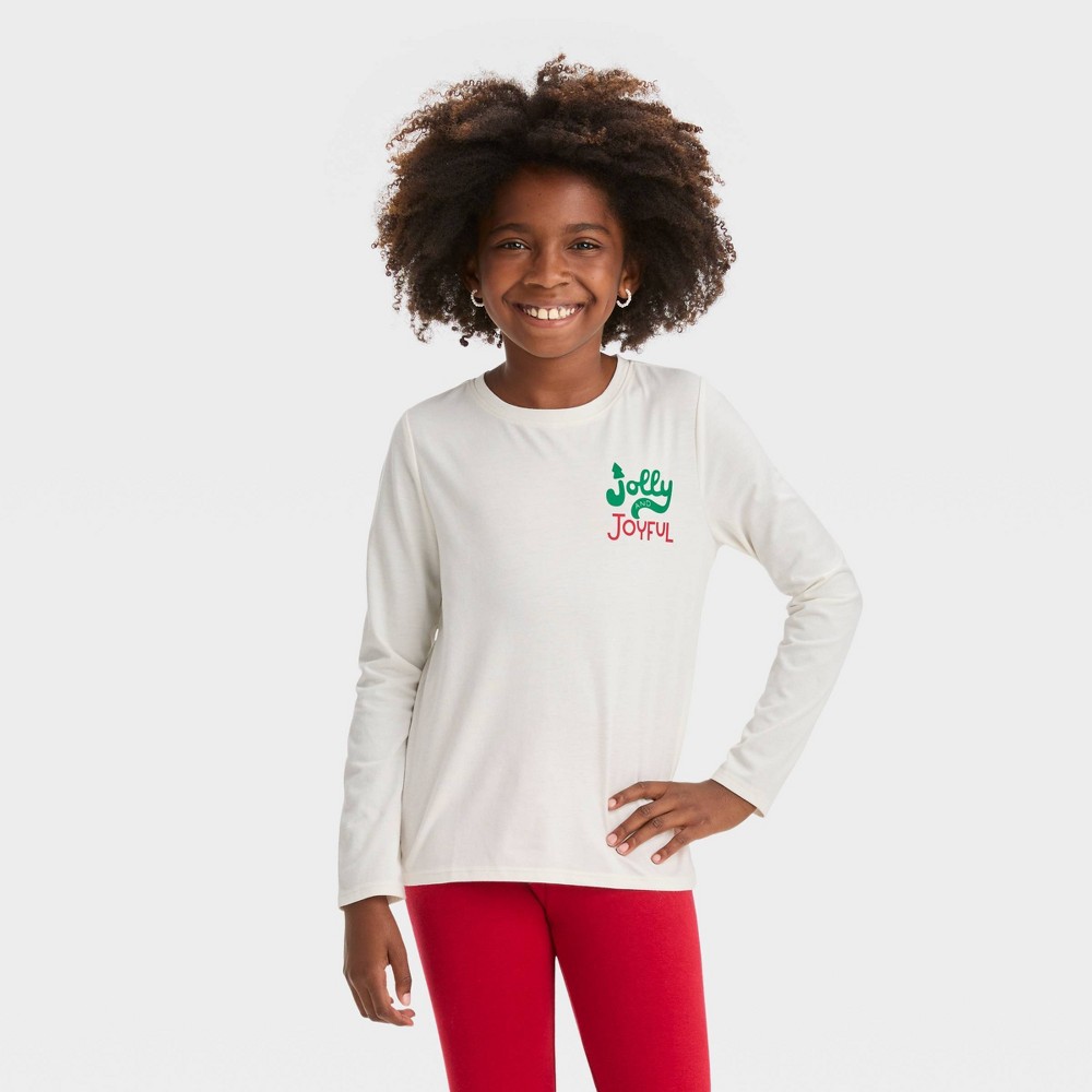 Girls' Long Sleeve 'Jolly and Joyful' Graphic T-Shirt - Cat & Jack™ Off-White XXL/6 CasePack 