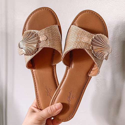 user image by @alissalkelly, Women's Nesryn Raffia Shell Ornament Slide Sandals - Universal Thread™ Tan