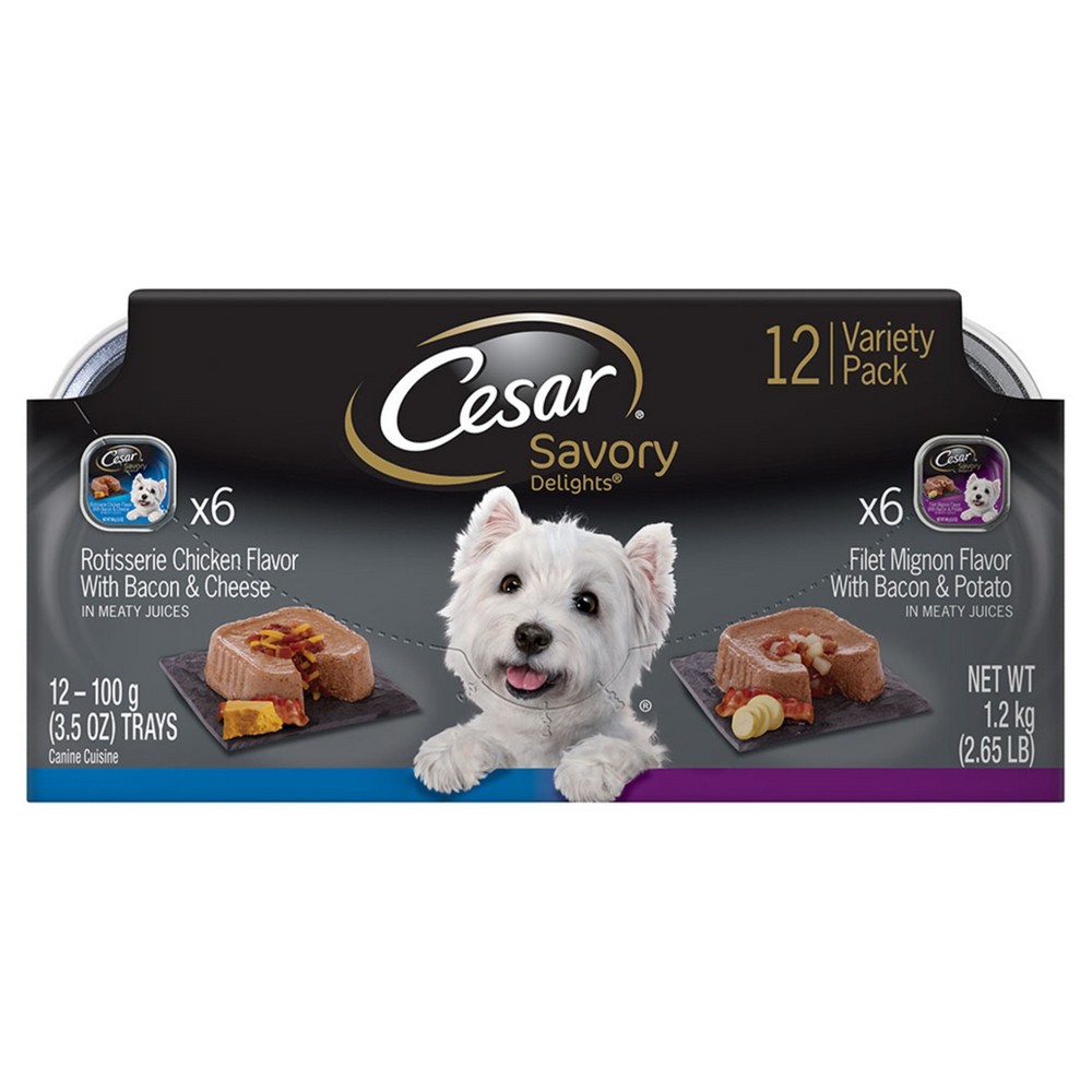 (12 Pack) CESAR Wet Dog Food Loaf in Sauce Rotisserie Chicken Flavor with Bacon & Cheese and Filet Mignon Flavor with Bacon & Potato Variety Pack, 3.5 oz. Easy Peel Trays
